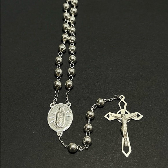 Large 925 Sterling Silver Rosary 24” 5mm Beads Rosario De Plata Handmade Italy - Picture 5 of 7